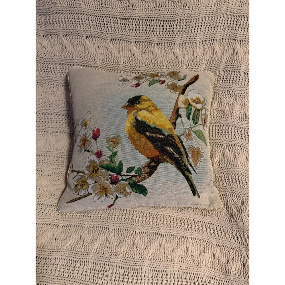 Vintage Style Woven Tapestry Goldfinch Bird Throw Pillow Gold Rope Trim Square
